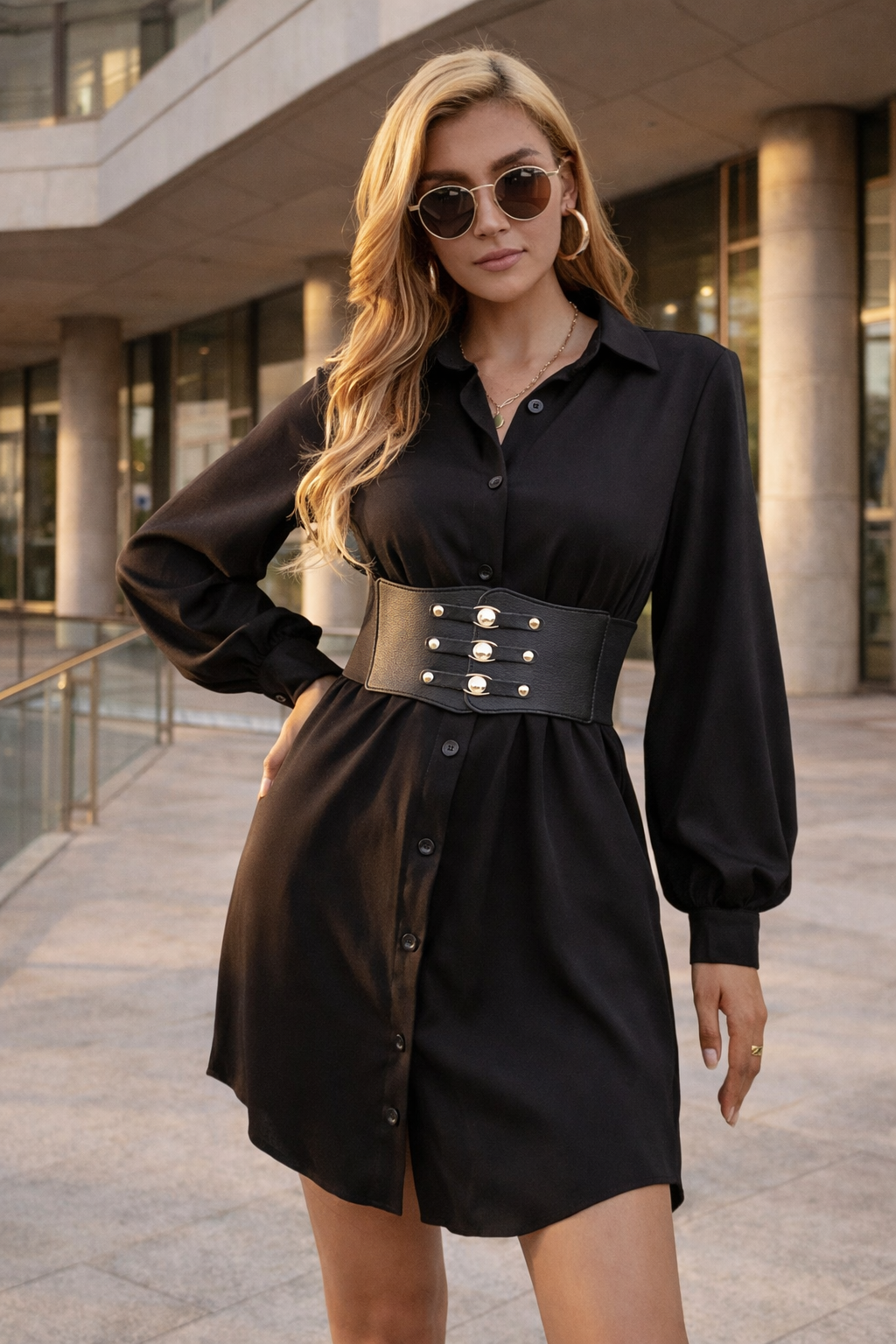 Robe chemise ceinturée à manches longues