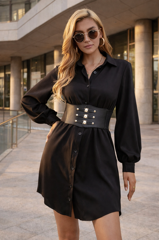 Robe chemise ceinturée à manches longues