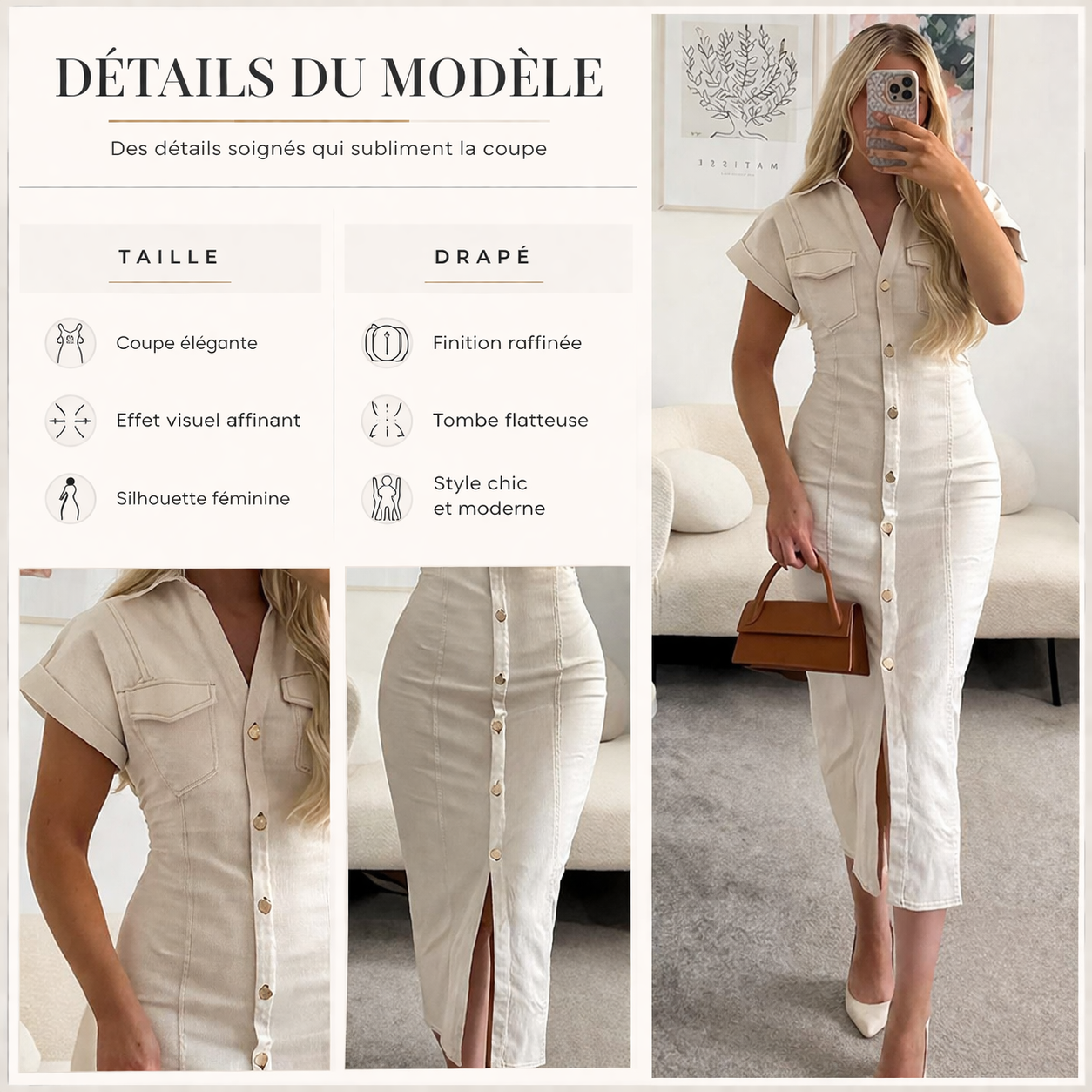 Robe longue écrue boutonnée à col chemise