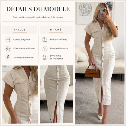 Robe longue écrue boutonnée à col chemise
