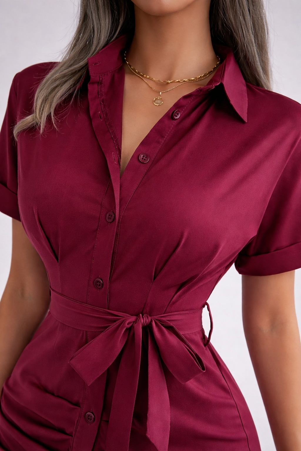 Robe chemise courte bordeaux ceinturée