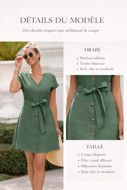 Robe verte boutonnée à ceinture nouée