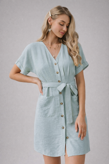 Robe courte boutonnée à ceinture nouée