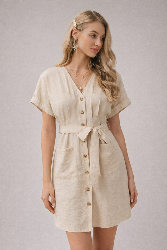 Robe courte boutonnée à ceinture nouée