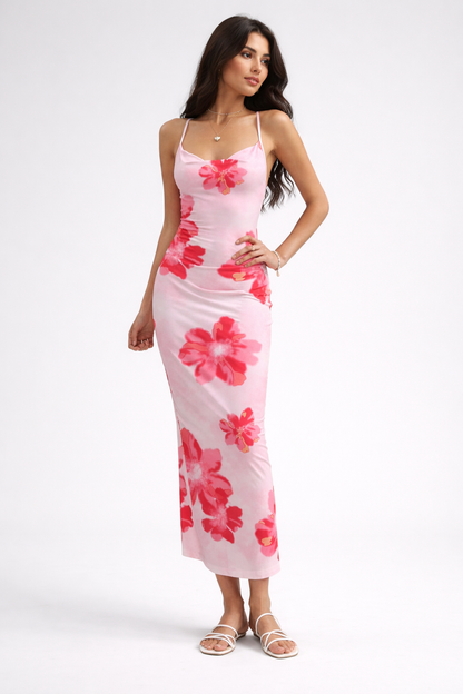 Robe longue fleurie rose à fines bretelles