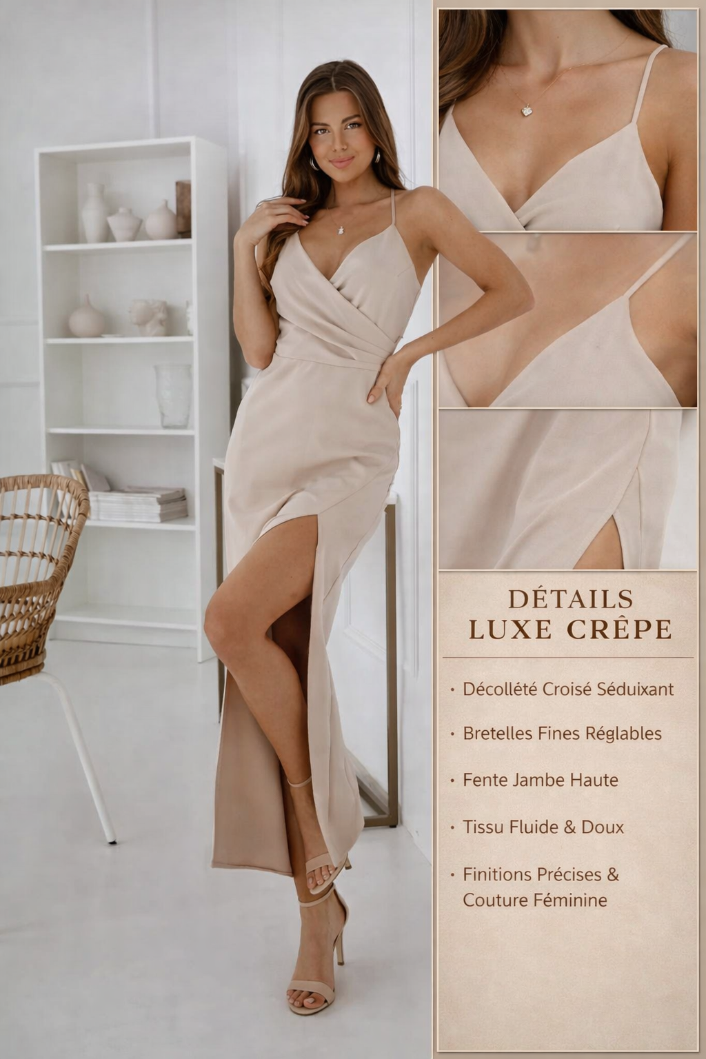 Robe Beige Cache-Cœur à Fente