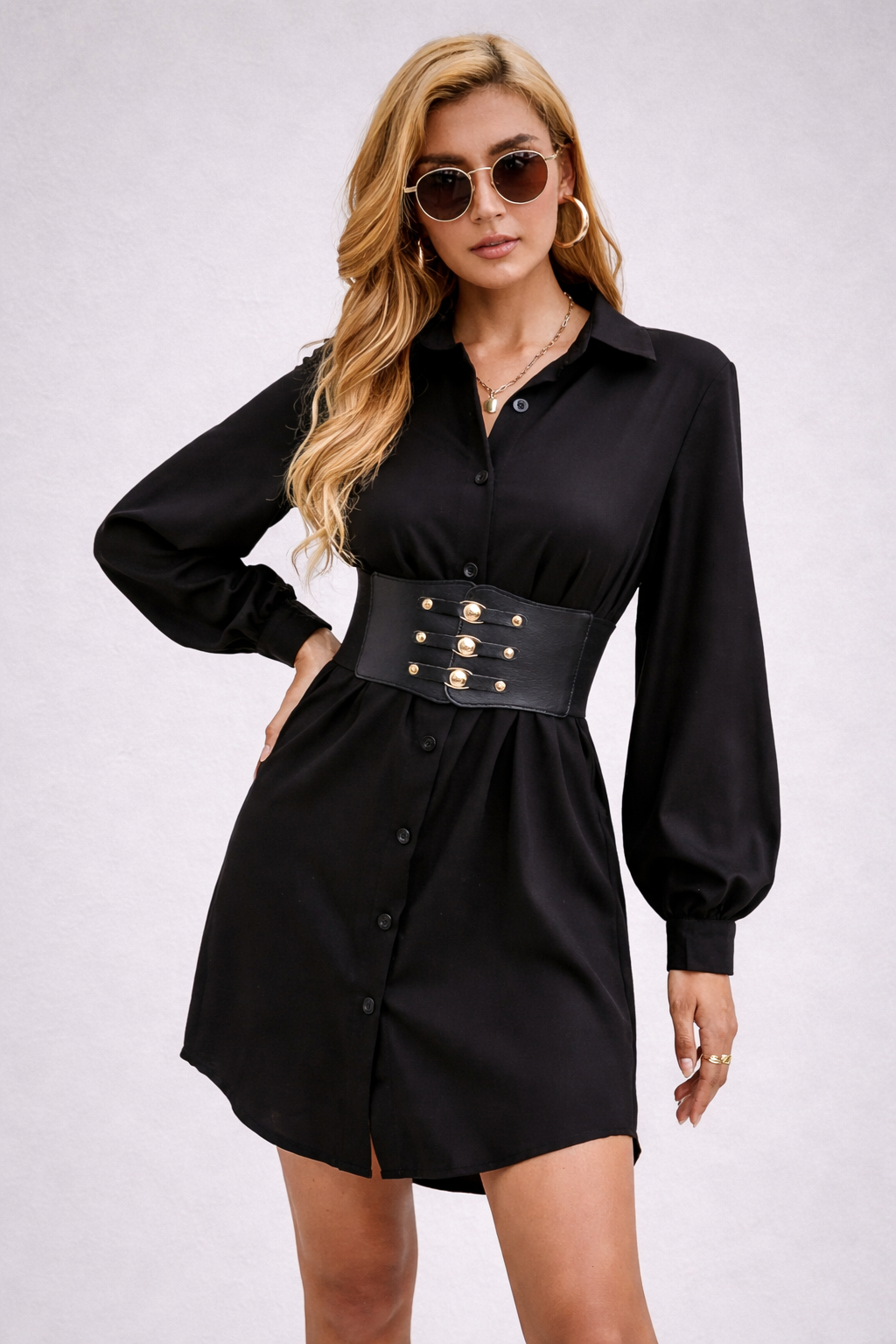 Robe chemise ceinturée à manches longues