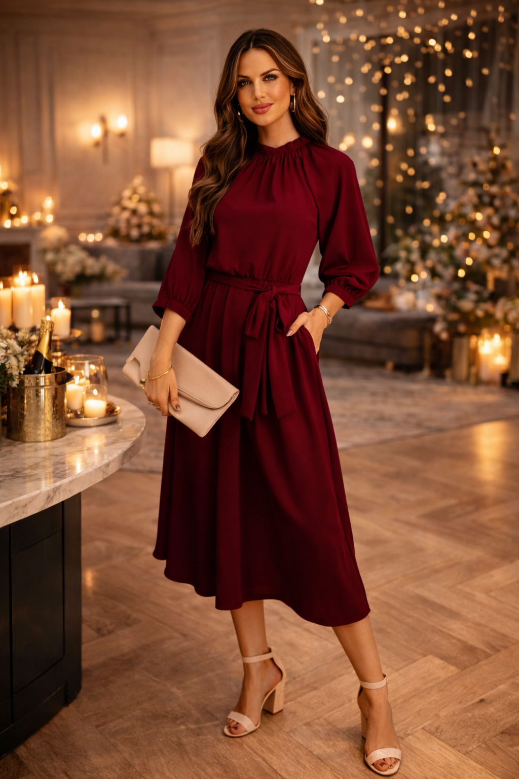 Robe Bordeaux Fluide Ceinturée