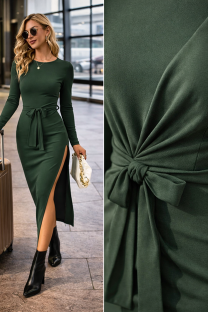 Robe Bordeaux Ceinturée à Fente