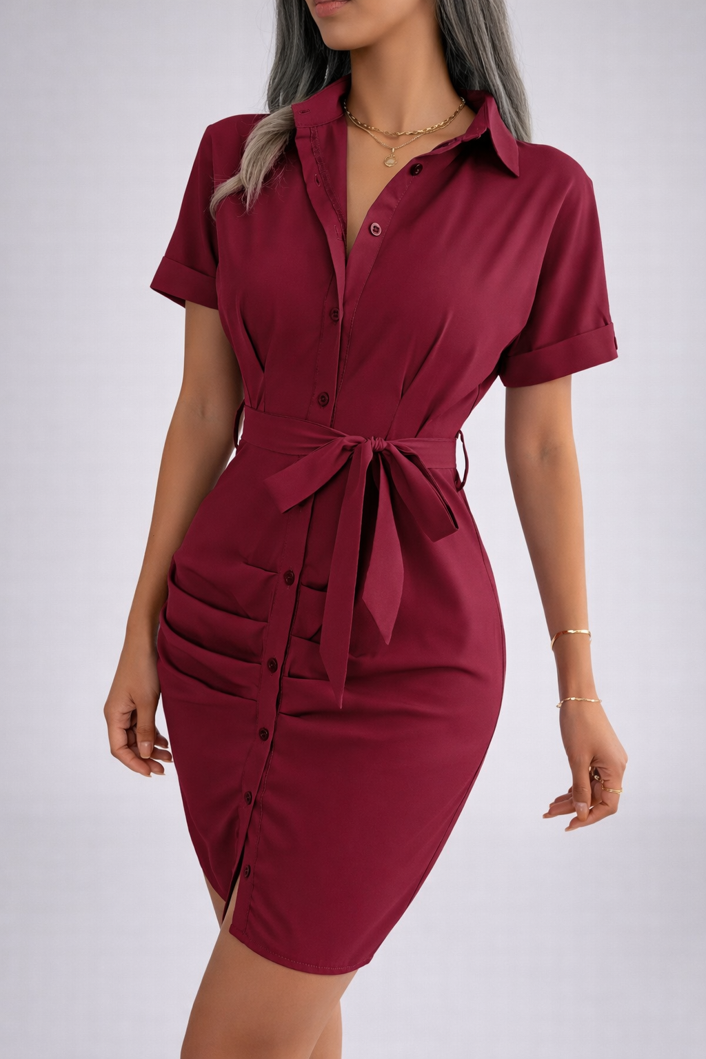 Robe chemise courte bordeaux ceinturée