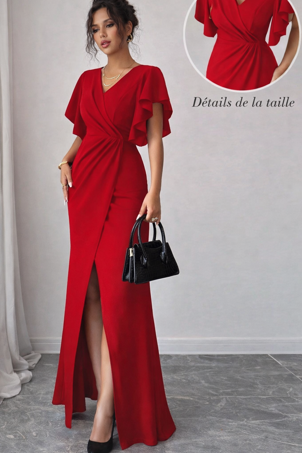 Robe longue rouge drapée à manches volantées