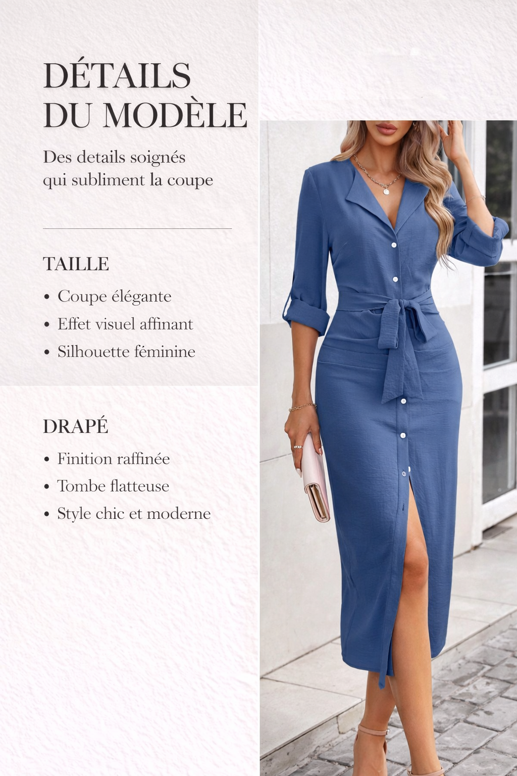 Robe midi rose poudré boutonnée à ceinture nouée