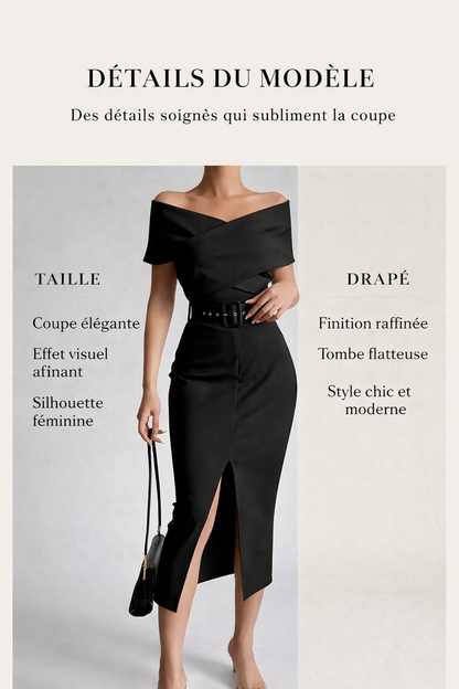 Robe midi noire à épaules dénudées et ceinture