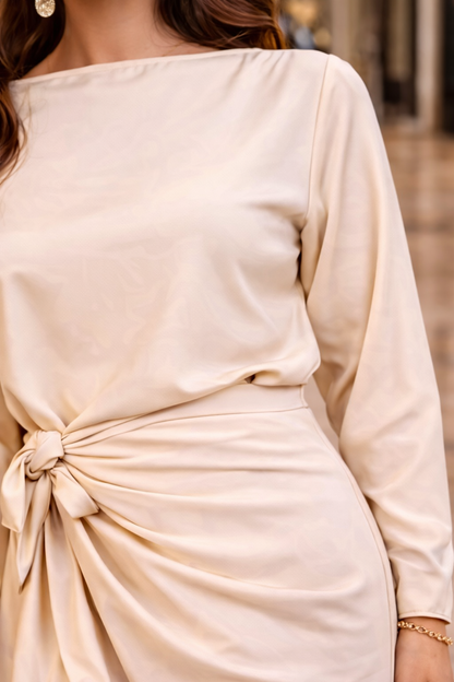 Robe Beige Drapée à Fente