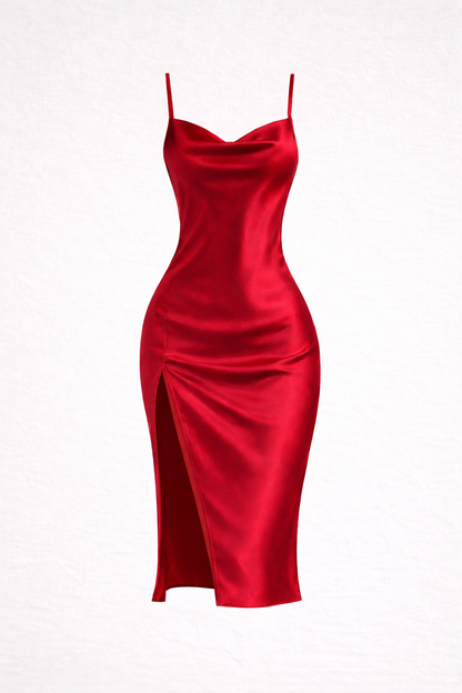 Robe midi satinée rouge sexy à fines bretelles