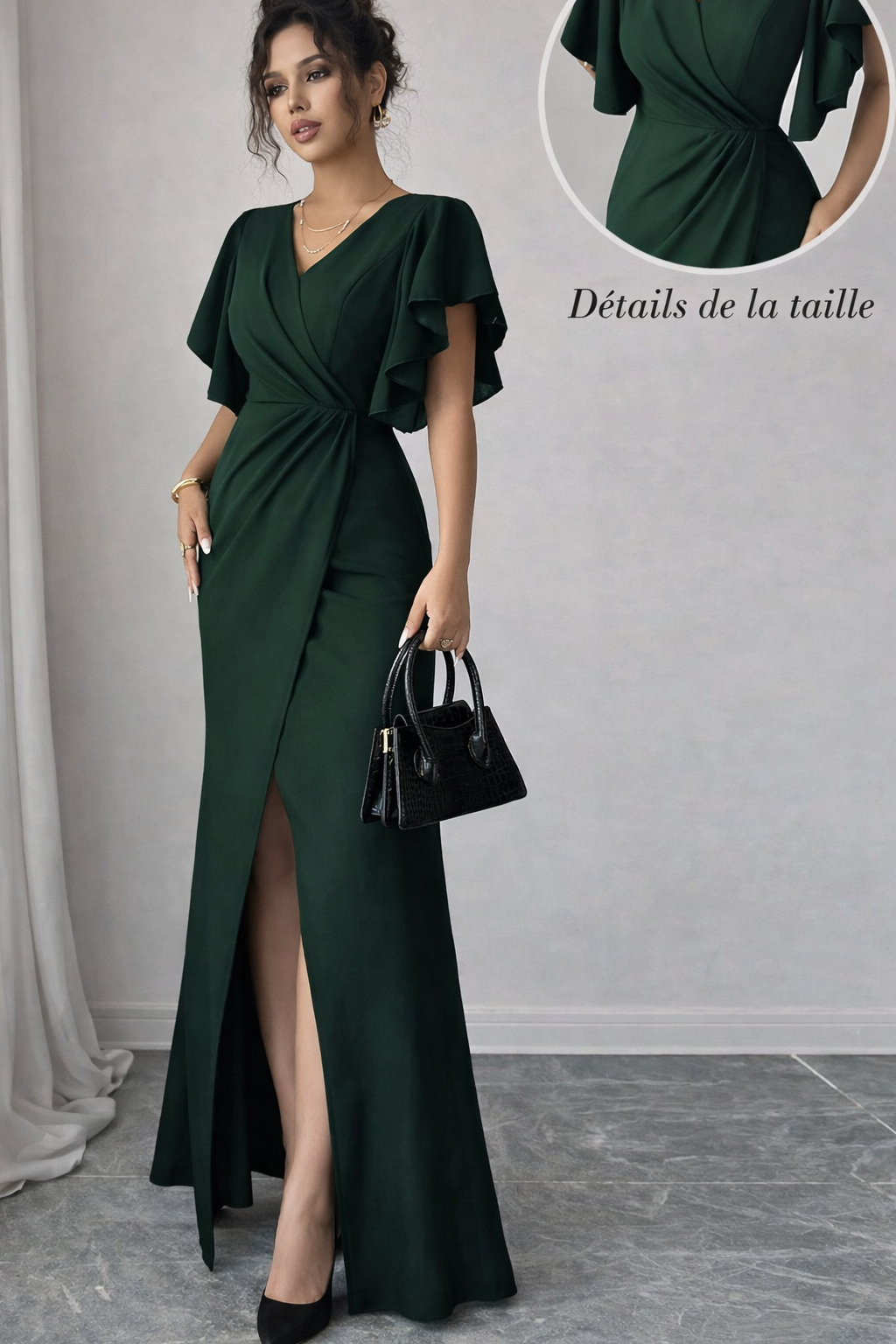Robe longue rouge drapée à manches volantées